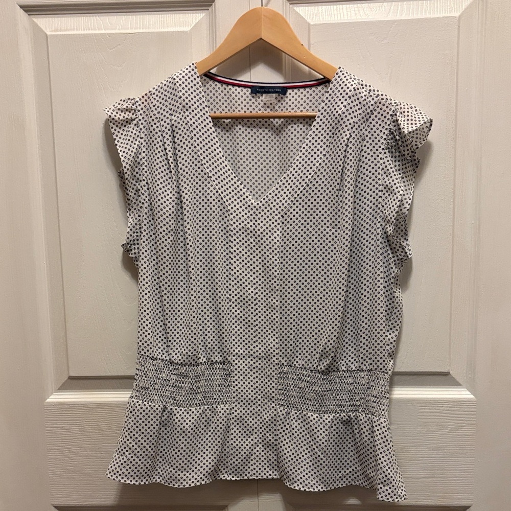 Tommy Hilfiger Womens White Navy Blue Geometric Smocked Peplum Blouse Large
